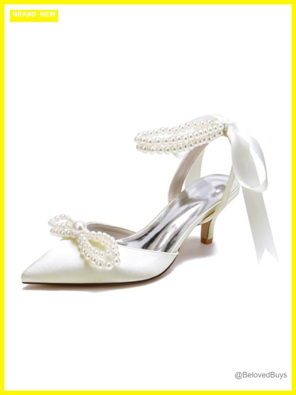 Women's Satin Kitten Heel Slingback Pumps Pearl Bow Wedding Shoes